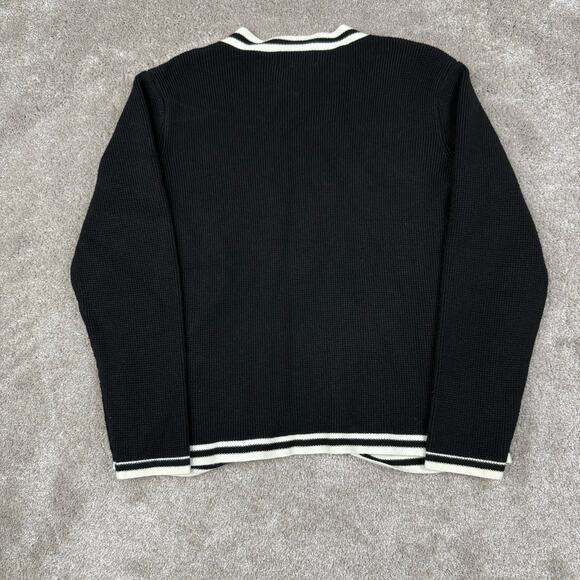 Black Cardigan Cream Striped Trim 19 CC Size S Old Money Timeless Preppy - Picture 3 of 5